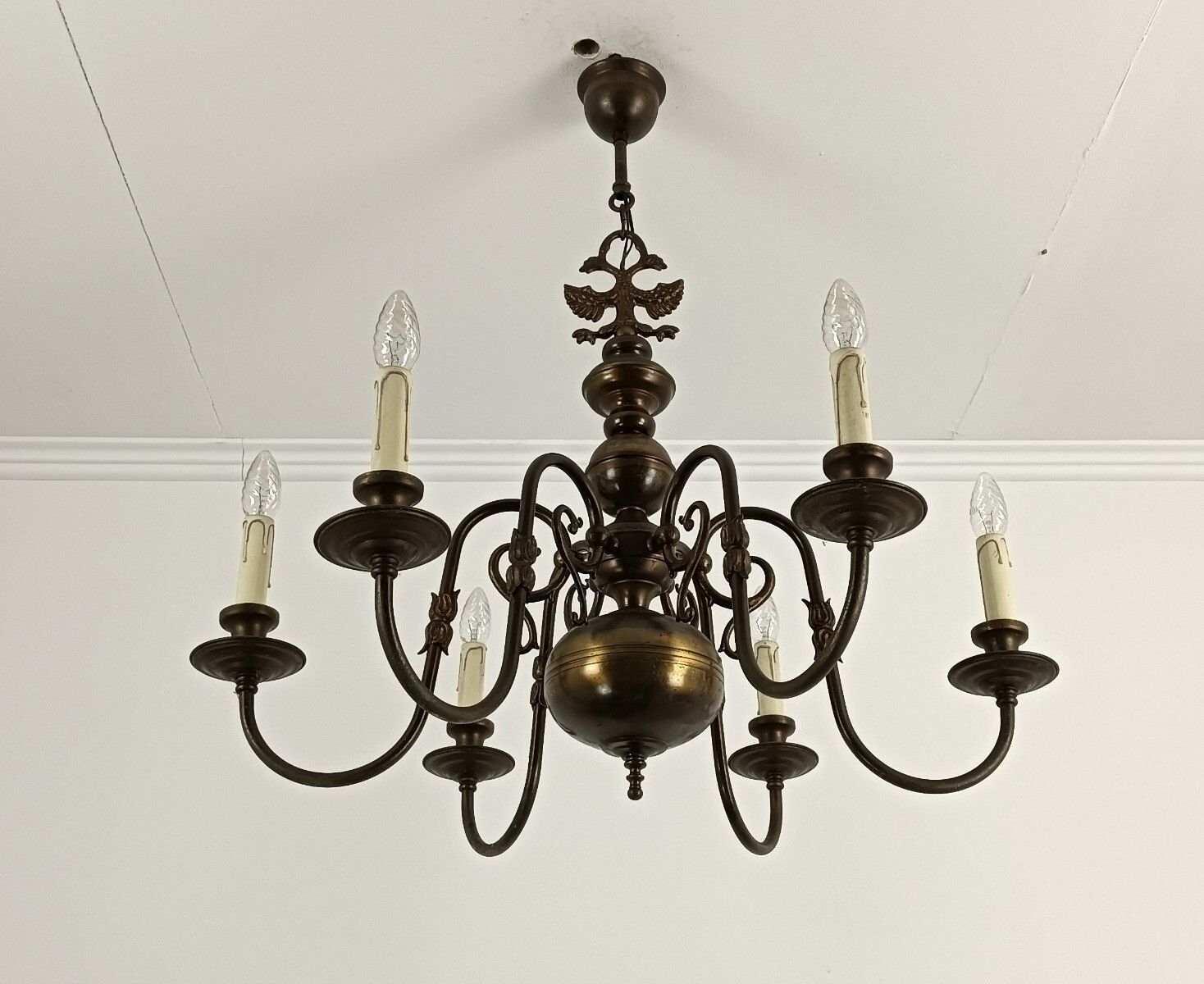 photo furniture Flemish Dutch Chandelier Eagles Fish Brass Vintage Fixture 6 Lights Barn Farmhou