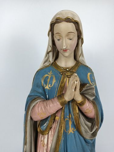 Large Antique Polychrome Madonna Statue Church Monastery Plaster Neo Gothic Virg photo for sale