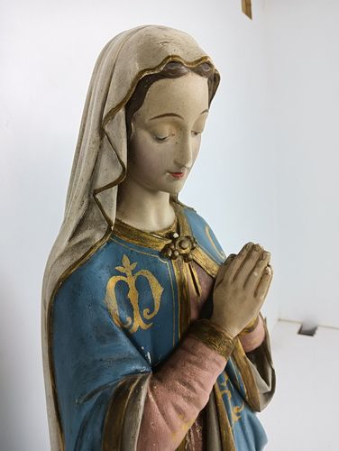 Large Antique Polychrome Madonna Statue Church Monastery Plaster Neo Gothic Virg photo vinterior