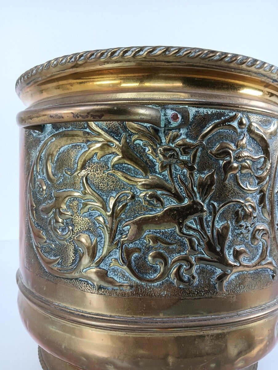 Stunning Antique Kettle Brass Ornate Planter 19th Century Deer Hunting Scenes Co photo for sale