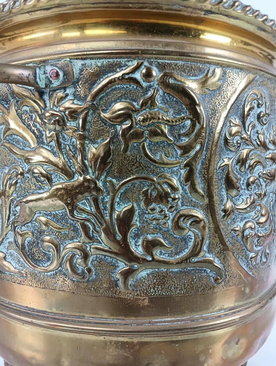 photo for sale Stunning Antique Kettle Brass Ornate Planter 19th Century Deer Hunting Scenes Co