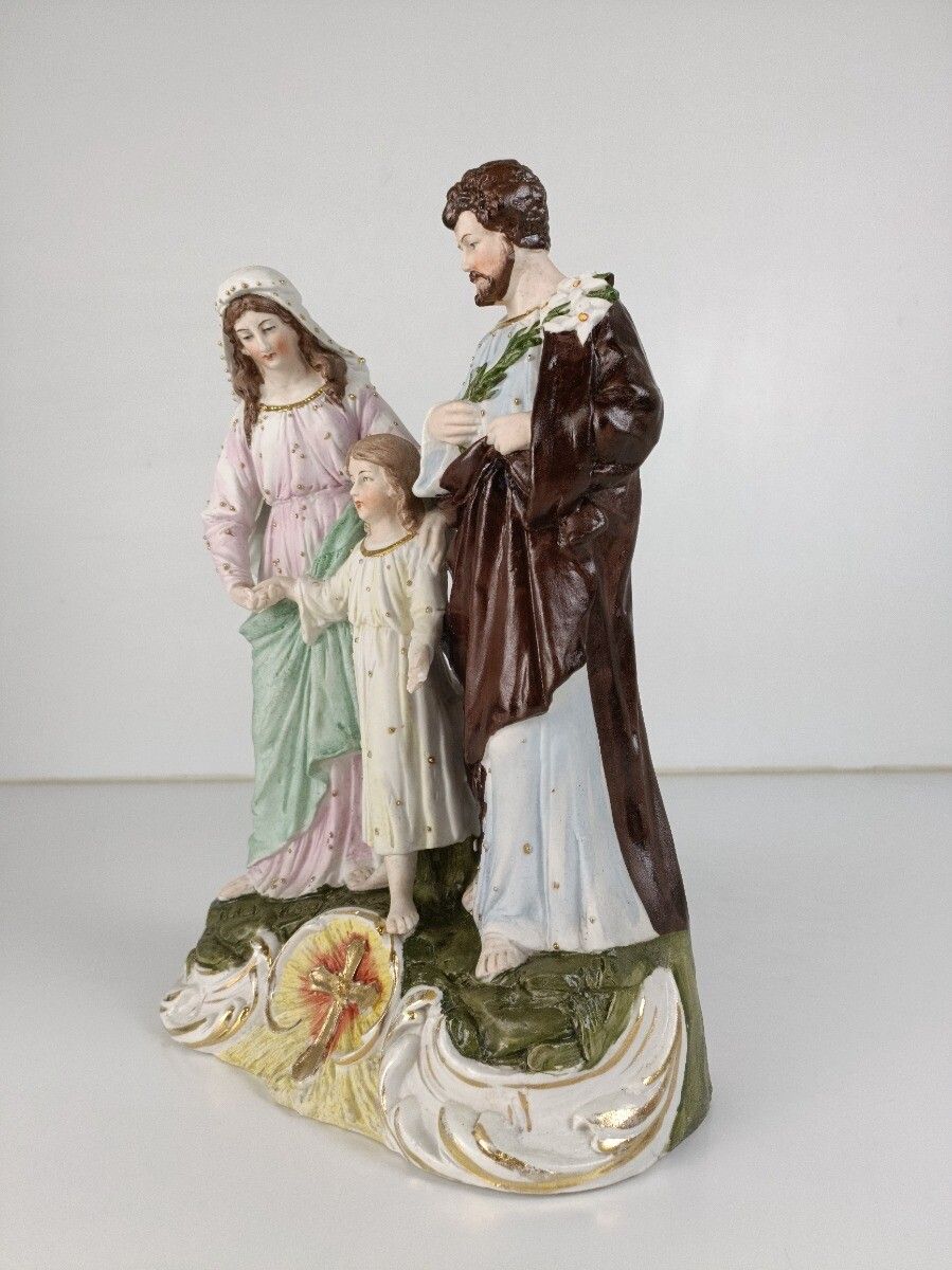 Statue Holy Family Porcelain Saint Joseph Infant Jesus Virgin Mary Vintage Polyc photo for sale