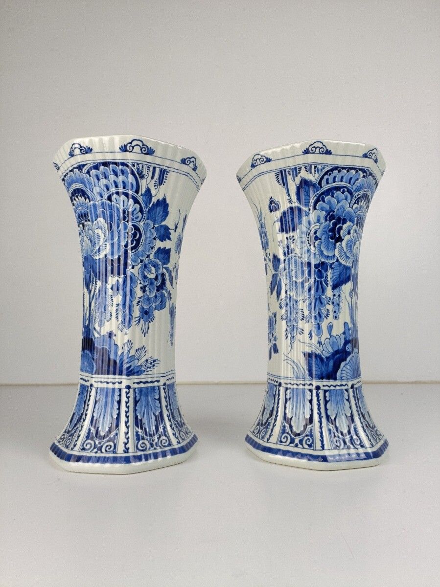 Pair Of Porceleyne Fles Hand Painted Delfts Delft Blue Holland Trumpet Vases Mar photo for sale