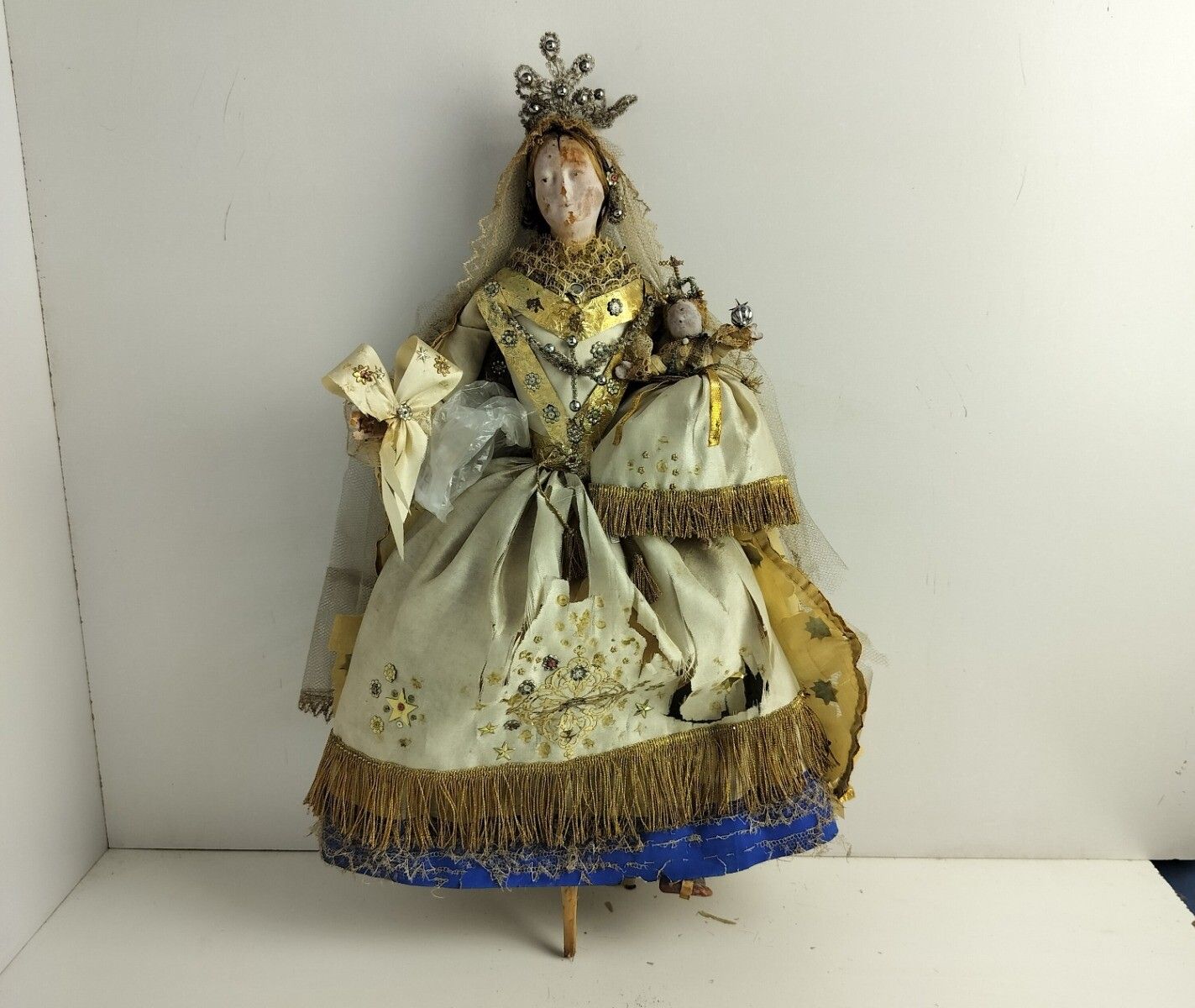 Antique Extremely Rare Stake Madonna Flanders Hand Made Wax Paper Doll 1800s Vir photo vintage