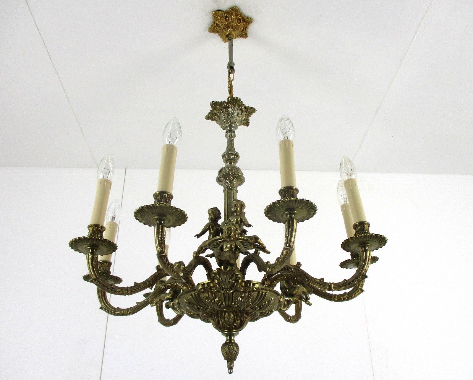 Stunning Chandelier 9 Lights Arm Putti Hollywood Regency Ornate Brass photo for sale