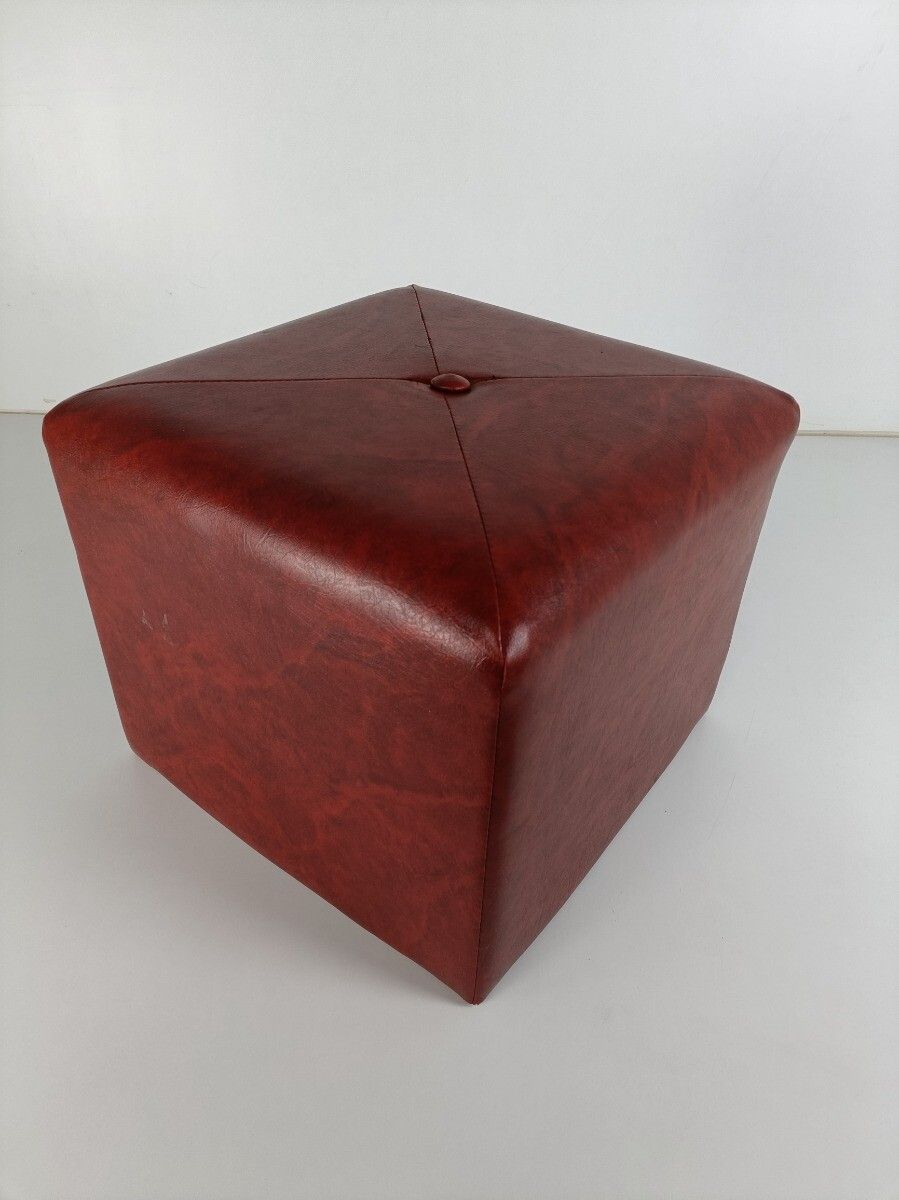 Retro Patchwork Footstool Stool Red Faux Leather  Pouf Cut And Sew Ottoman Seat photo vinterior