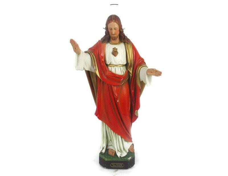 Antique Statue Jesus Christ Savior Sacred Heart Art Deco 1920s Plaster 20.07&Quo