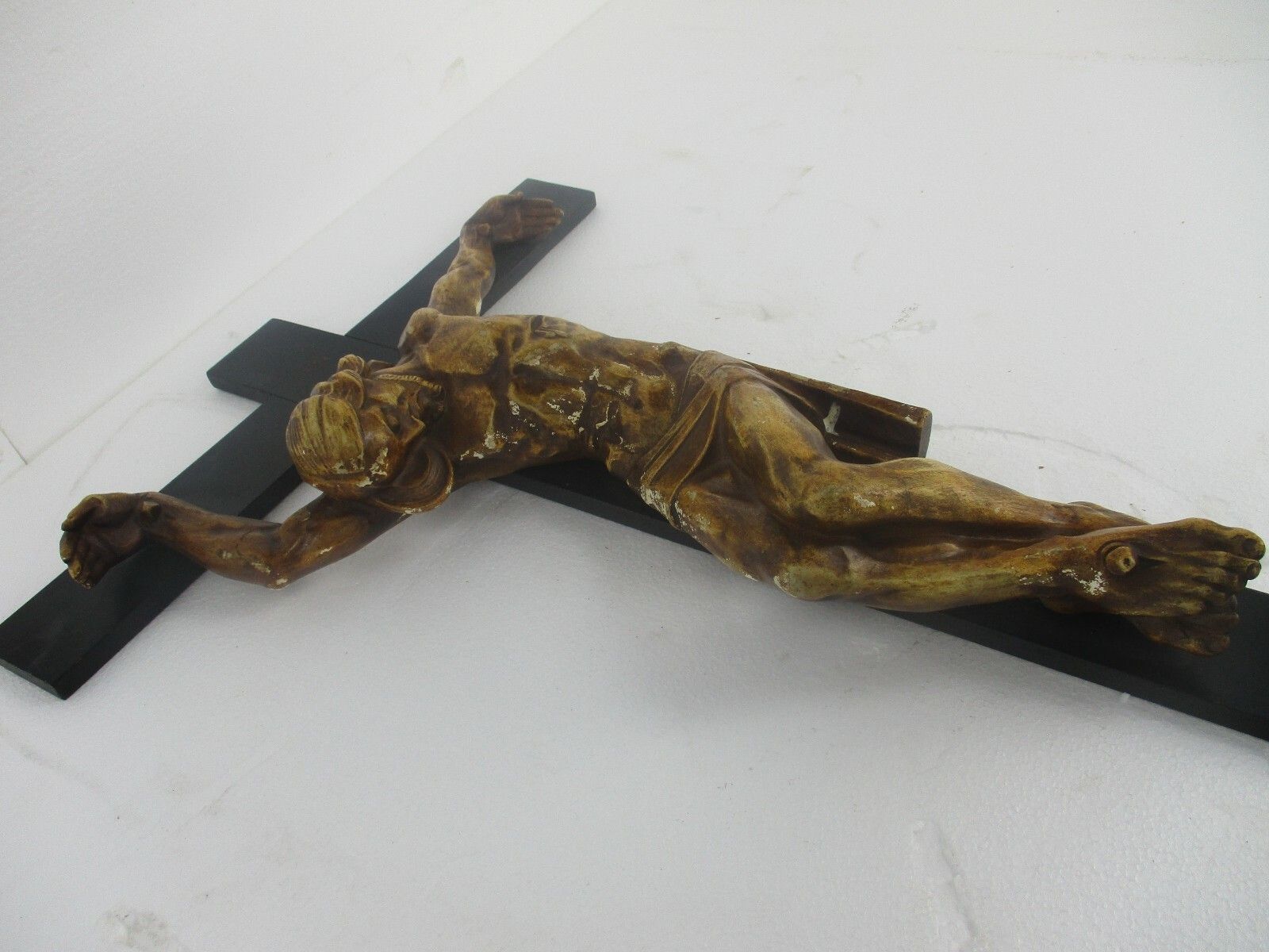 Xl Wood Hanging Church Crucifix Plaster Corpus Signed Van Der Meeren Dramatic photo furniture