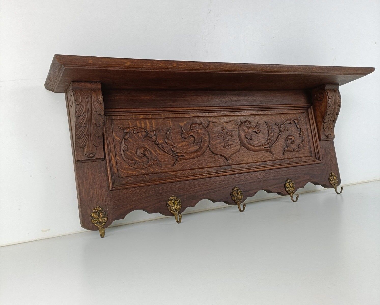 Gorgeous Antique Carved Wood Coat Hat Rack Ornate Etched Hand Carved Wood Shield photo Furniture