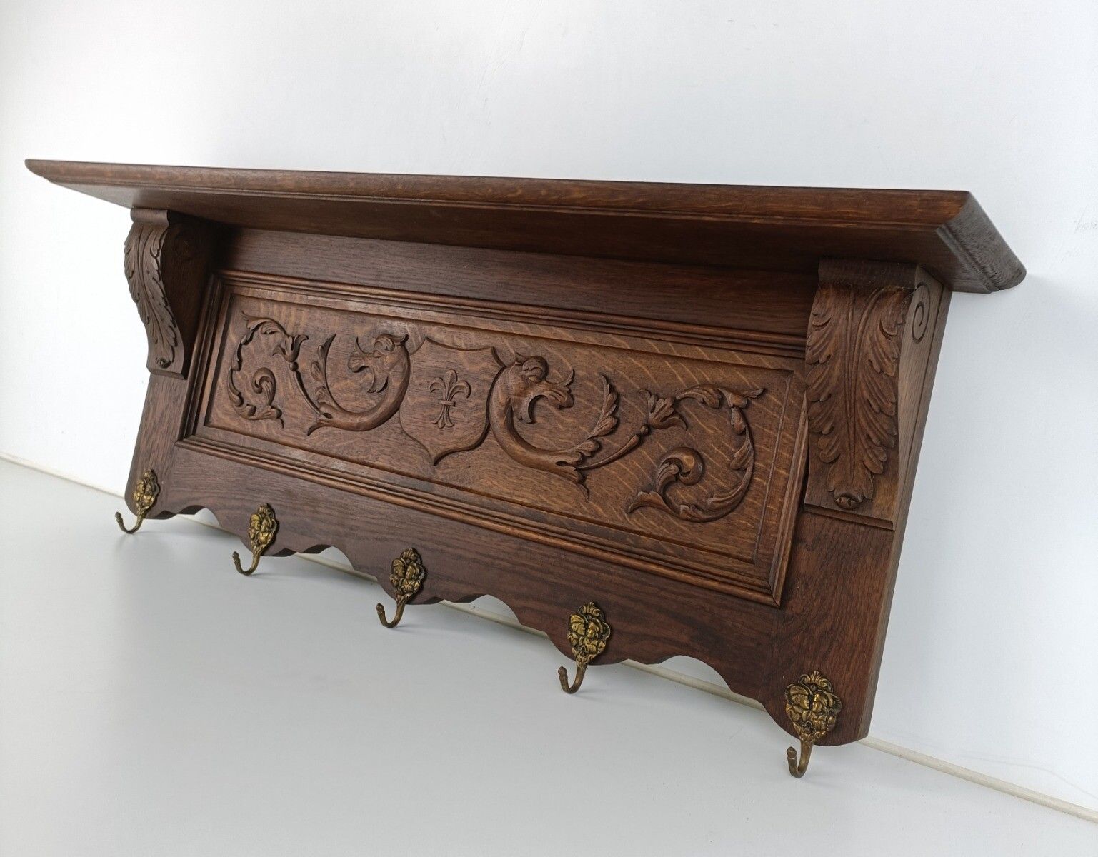 Gorgeous Antique Carved Wood Coat Hat Rack Ornate Etched Hand Carved Wood Shield photo 526.0