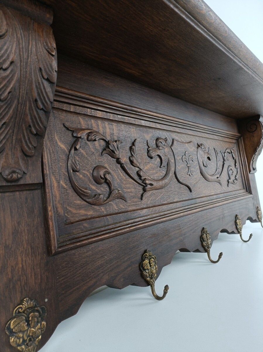 photo furniture Gorgeous Antique Carved Wood Coat Hat Rack Ornate Etched Hand Carved Wood Shield