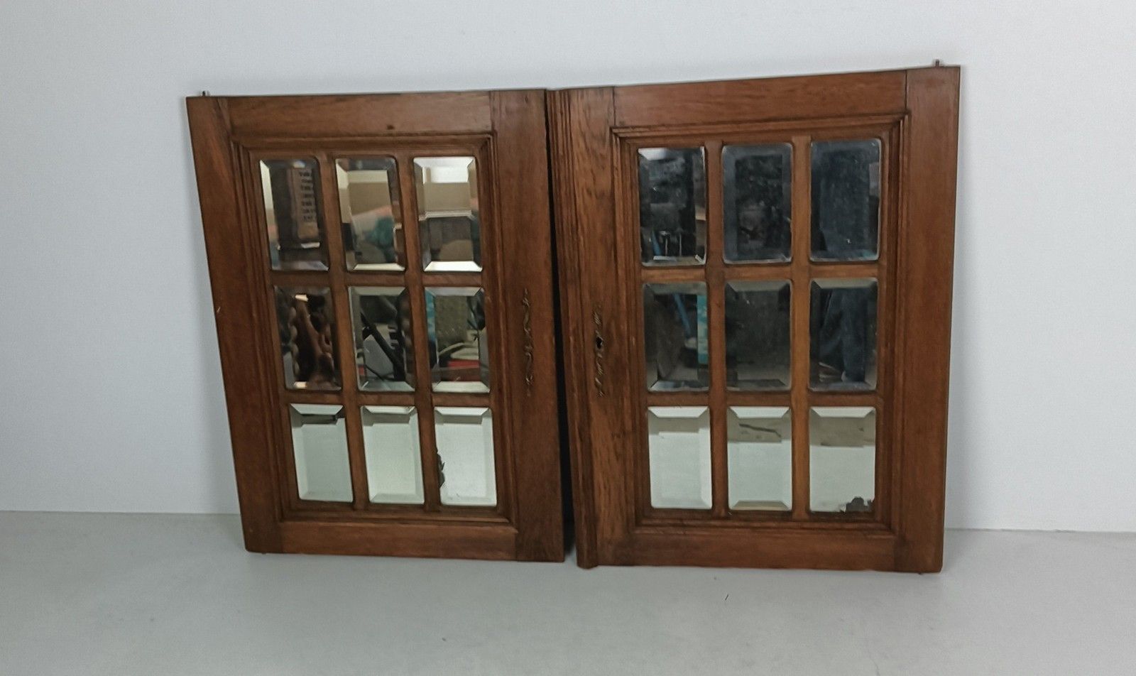 Gorgeous Large Hand Carved Wooden Door Panels Beveled Clear Glass Pair Antique R photo for sale