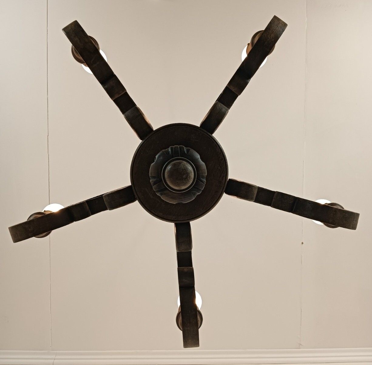 Vintage Carved Wood Wooden Chandelier 5 Lights Arm Farmhouse Barn Style photo for sale