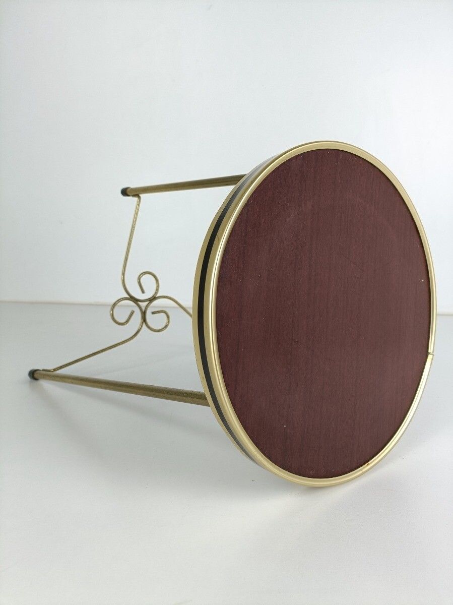 Modernist Round Side Table Ornate Brass Veneer Top Occasional Table Pedestal Pla photo vinterior