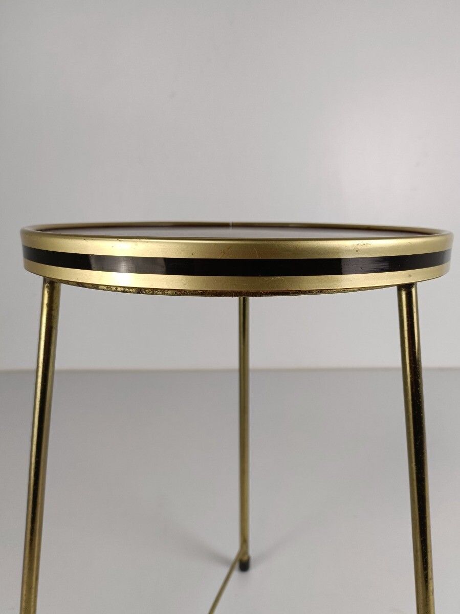 Modernist Round Side Table Ornate Brass Veneer Top Occasional Table Pedestal Pla photo buy