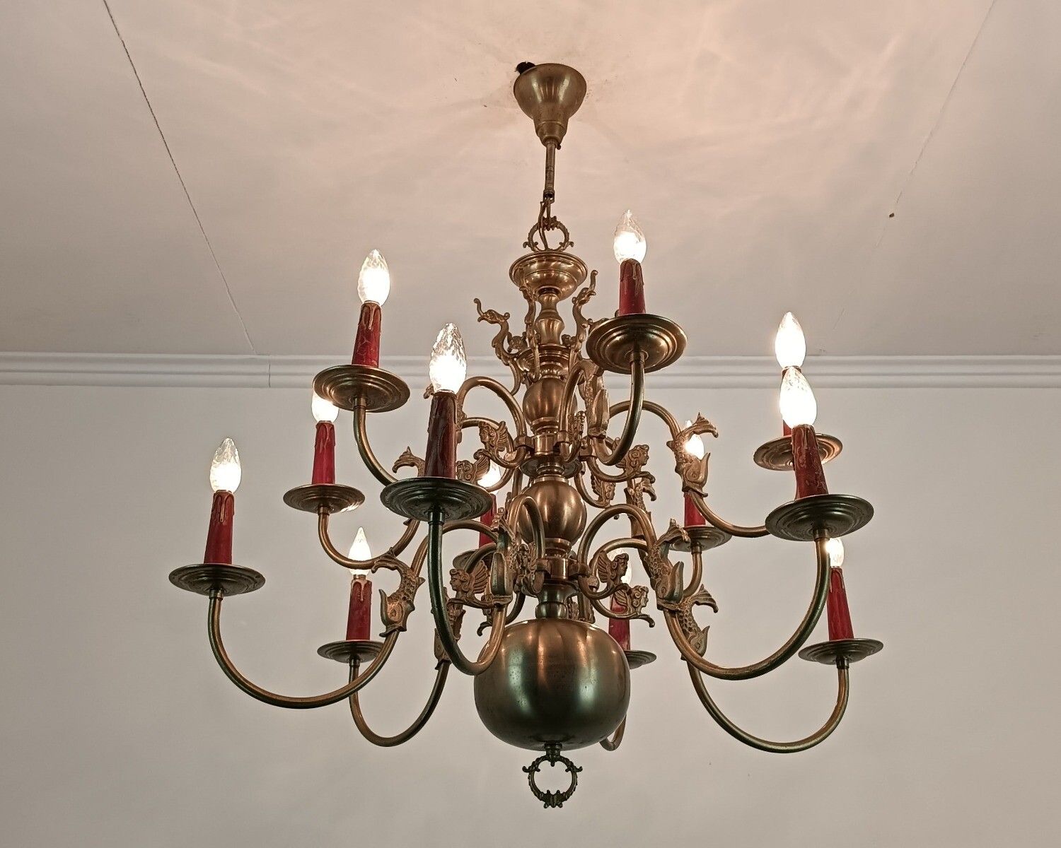 Vintage Dutch Flemish Chandelier Tinted Brass Two Tier 12 Lights!! Farmhouse Sty photo vinterior