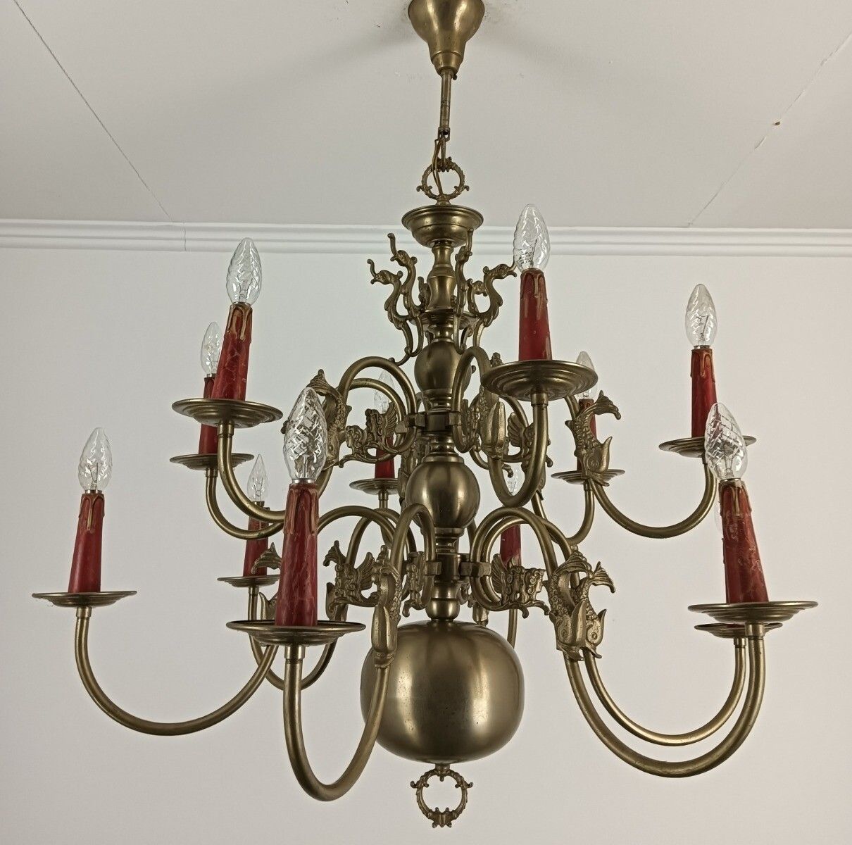 Vintage Dutch Flemish Chandelier Tinted Brass Two Tier 12 Lights!! Farmhouse Sty photo buy