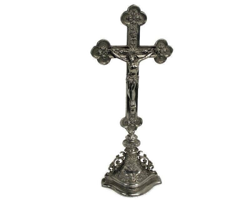 Vintage Standing Table  Crucifix Jesus Christ Cross Ornate  French Fleur De Lis