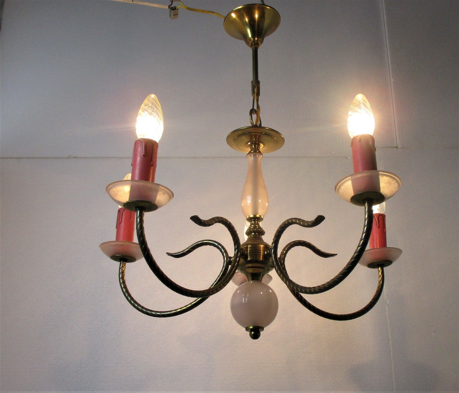 Chandelier Hollywood Regency Romantic 5 Arm Lights Opaline Glass Pink Brass photo for sale