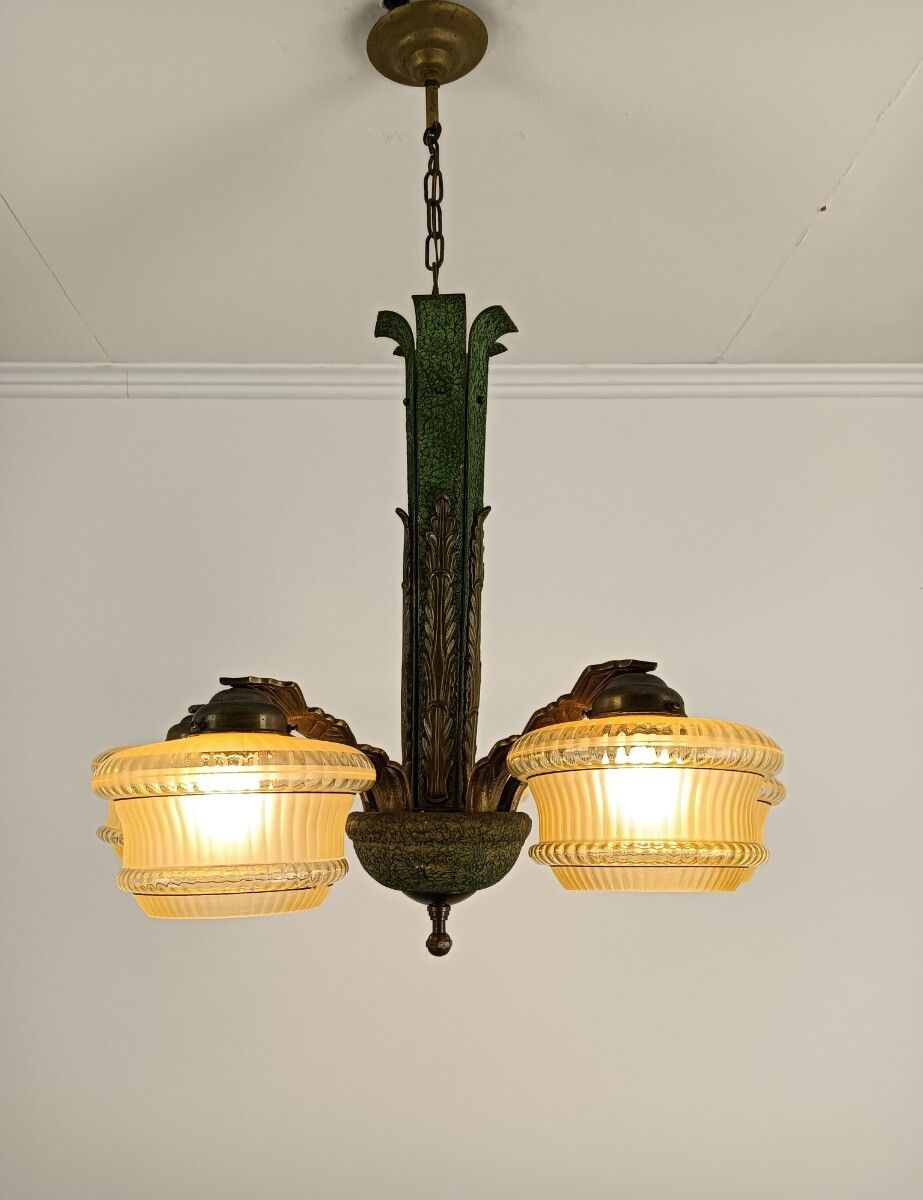 Art Deco Chandelier Antique Fixture Art Glass Uranium Lights Up Extremely Rare 5 photo furniture
