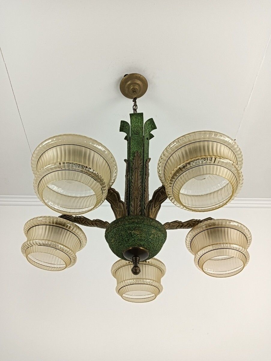 photo furniture Art Deco Chandelier Antique Fixture Art Glass Uranium Lights Up Extremely Rare 5