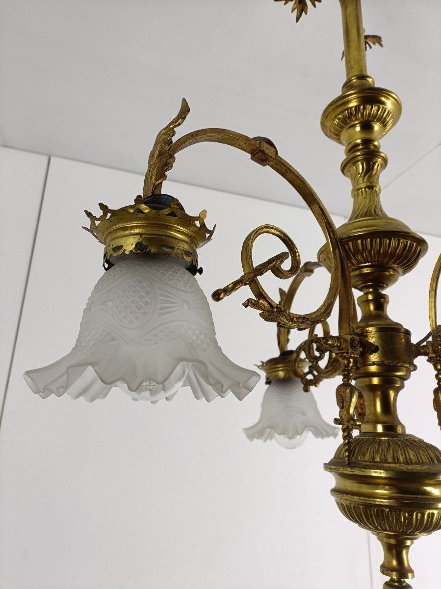 photo for sale Brass Antique Gas Chandelier Electrified 3 Arms Lights Ornate Tulip Shaped Shade