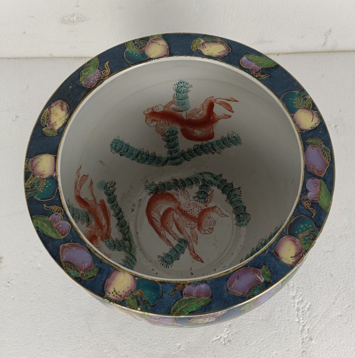 L Vintage Chinese Porcelain Koi Fish Bowl Planter Vase Cachepot Flowers Gorgeous photo for sale