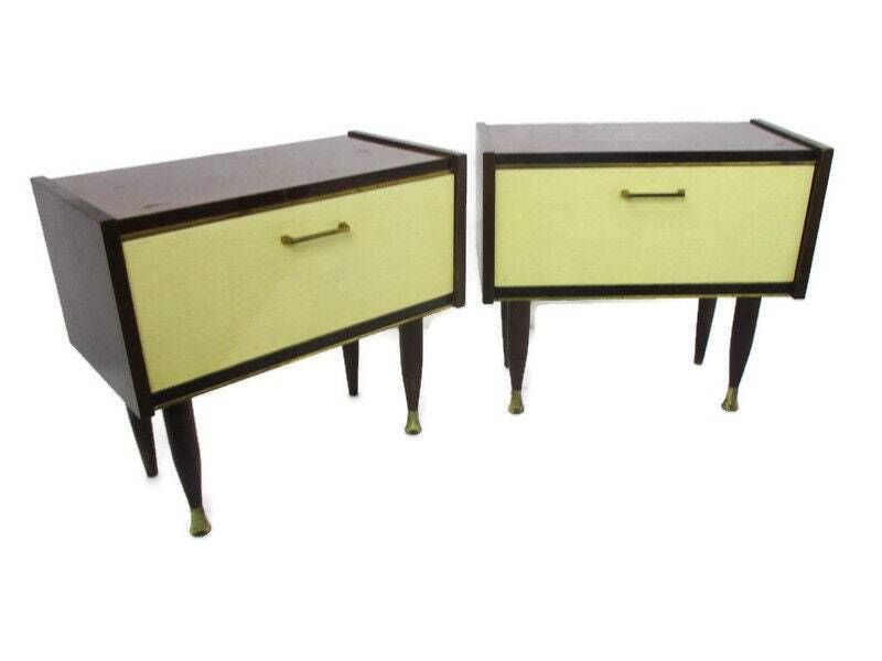 Pair Couple Double Vintage Nightstands End Tables Mid Century Modern Wood Retro photo furniture