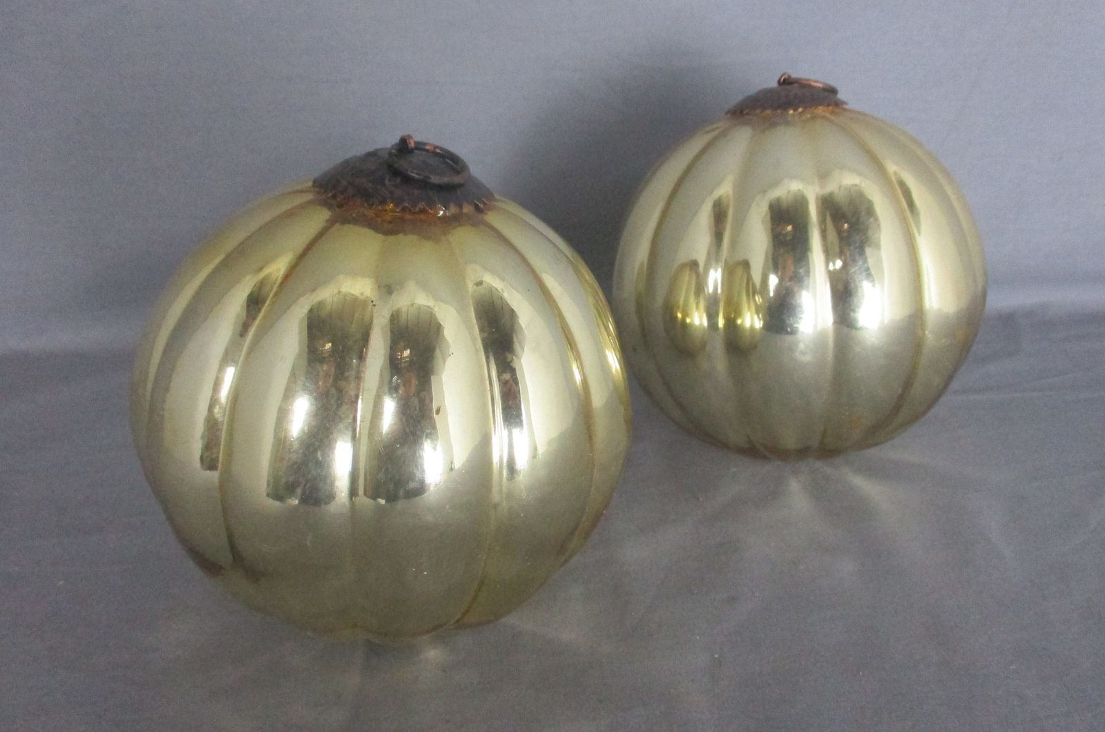 Pair Antique Witch Witches Ball Gold Crackle Glass Ornament Protection