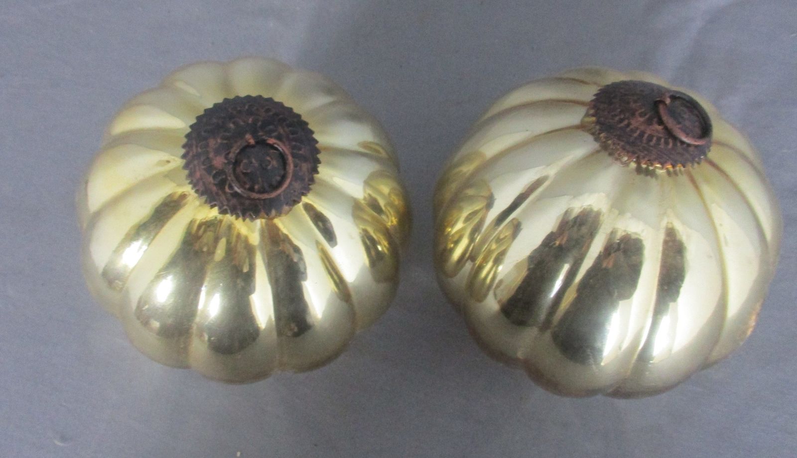 Pair Antique Witch Witches Ball Gold Crackle Glass Ornament Protection photo for sale
