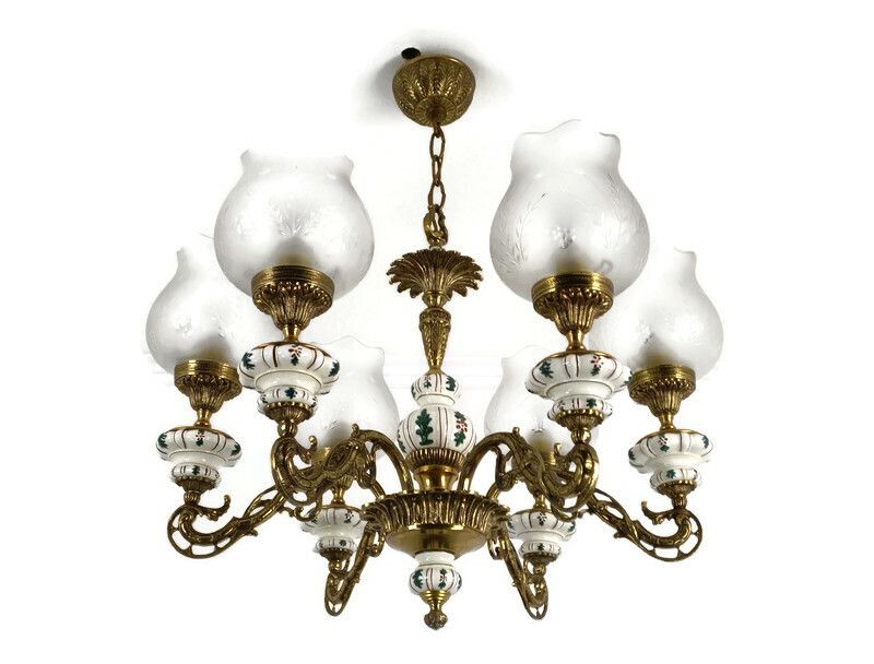 Vintage Chandelier Brass Porcelain Glass Shades 6 Lights Fixture Light