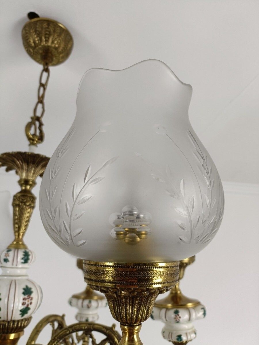 photo for sale Vintage Chandelier Brass Porcelain Glass Shades 6 Lights Fixture Light