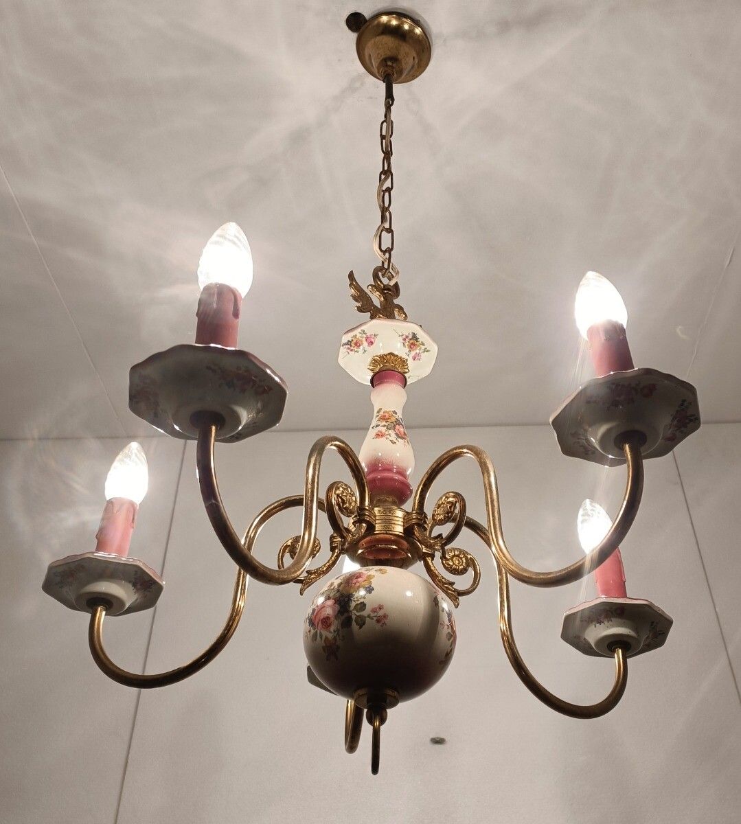 Chandelier Italy Italian Porcelain Pink Flowers Modernist Vintage 5 Arms 5 Light photo for sale