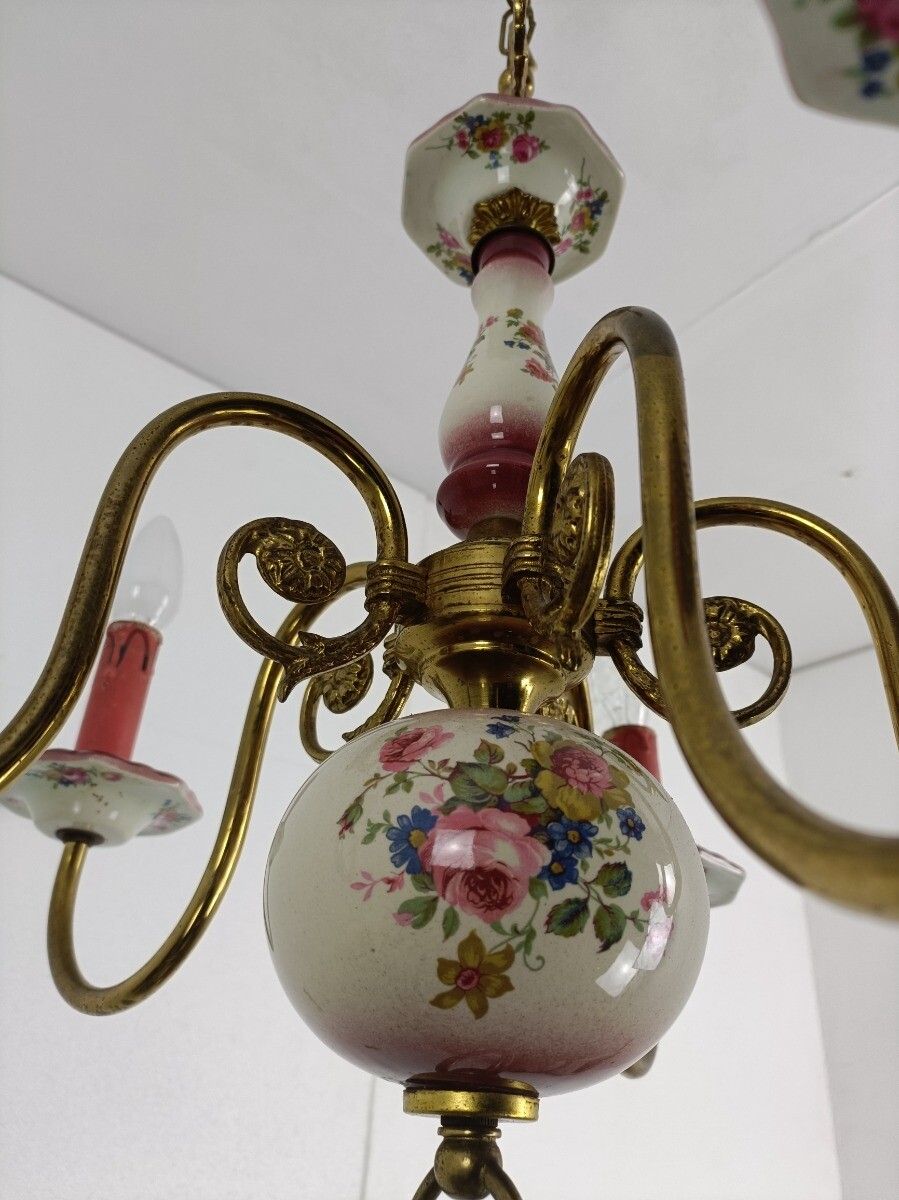 Chandelier Italy Italian Porcelain Pink Flowers Modernist Vintage 5 Arms 5 Light photo buy