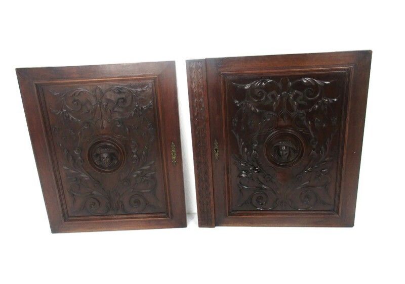 Pair Antique French Hand Carved Oak  Door Panels Reclaimed Architectural Breton