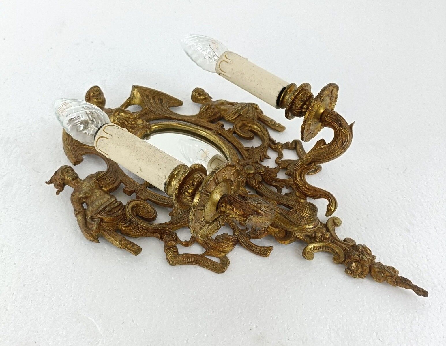 Double Wall Sconce Light Rococo Ornate Brass Angel Women Mythology Gorgous Vinta photo vintage