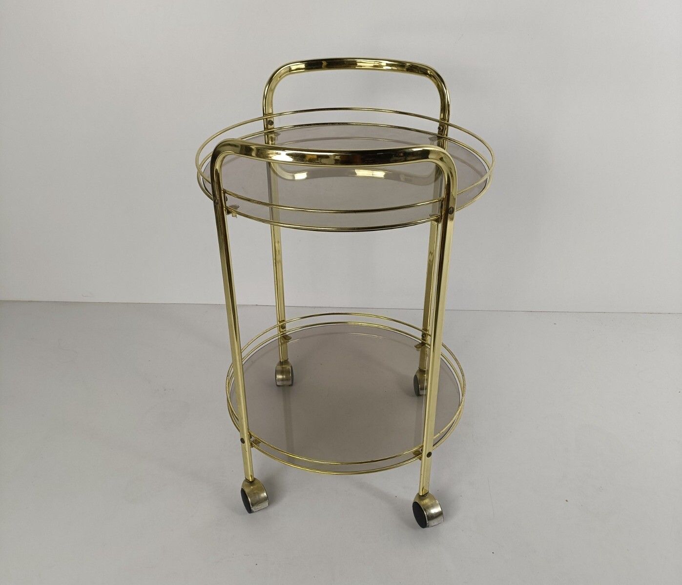 Bar Cart Hollywood Regency Round Trolley Smoked Glass, Vintage Brass 2 Tier Serv photo 303.0
