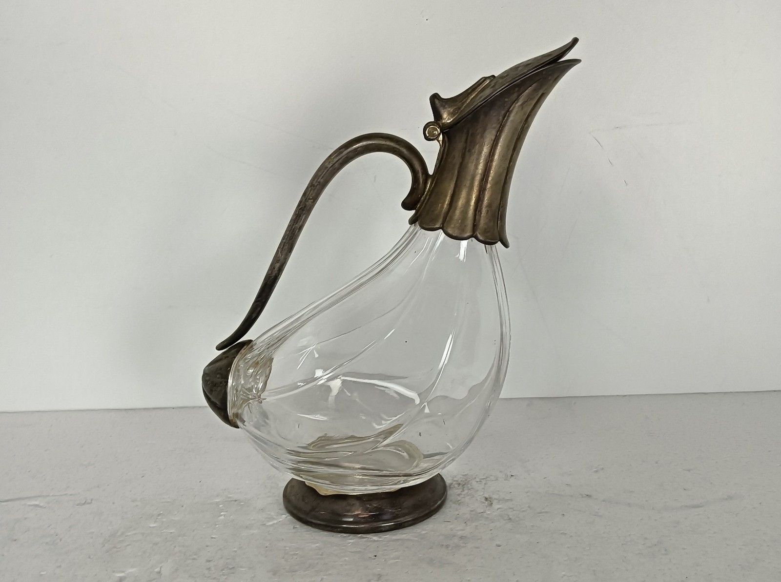 Decanter Carafe In The Shape Of A Duck, Art Glass, Silver Plated, Italy Vintage