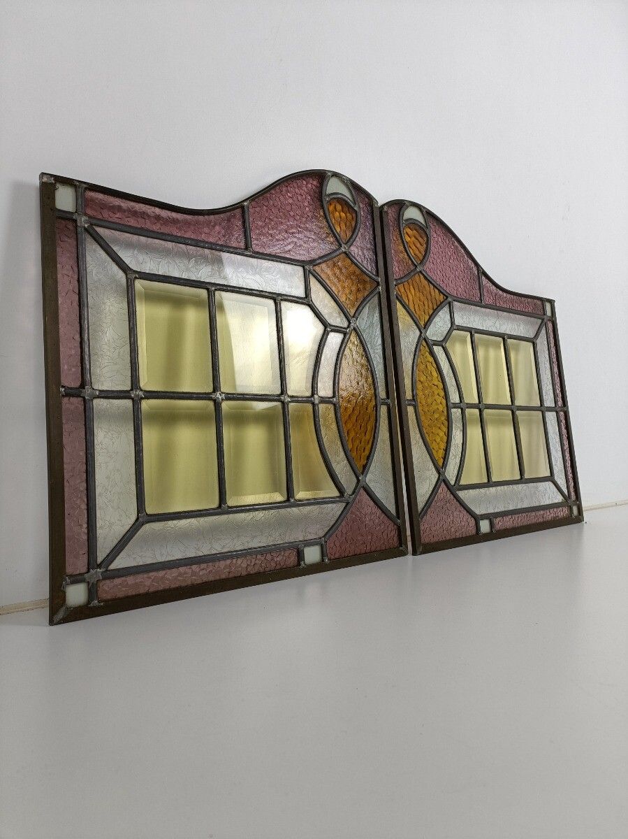 Antique Art Deco Leaded Glass Pair Polychrome Windows Reclaimed Architectural  P photo for sale