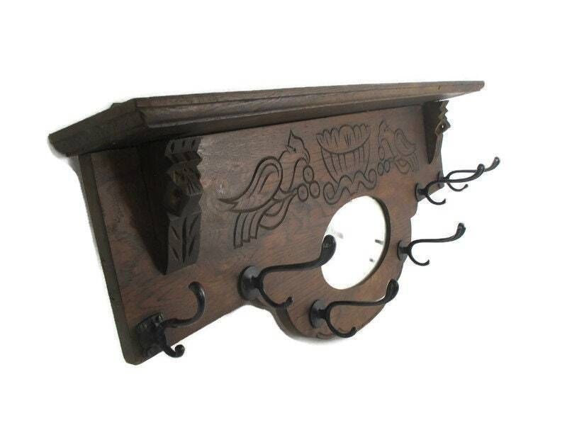 Antique Gorgeous Oval Beveled Glass Mirror Hand Carved Wood Coat Rack Birds Lion