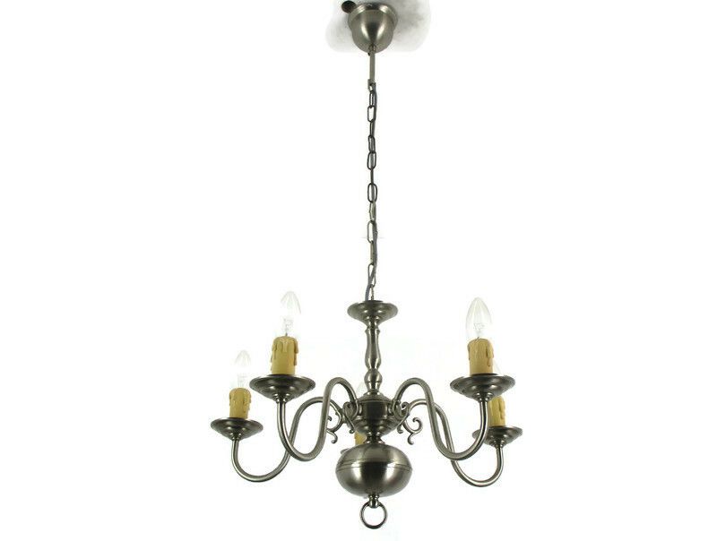 Vintage Chandelier 5 Lights  Brass Pewter Look Flemish Dutch Style Mid Century