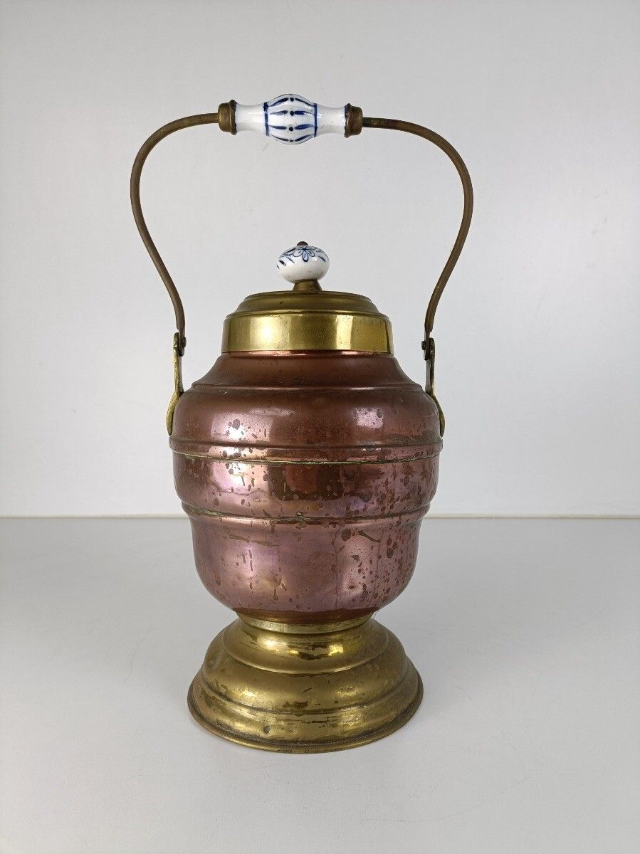 Antique Primitive  Brass Copper Jar Lidded Kettle Wonderful Delft Blue  Handle photo furniture