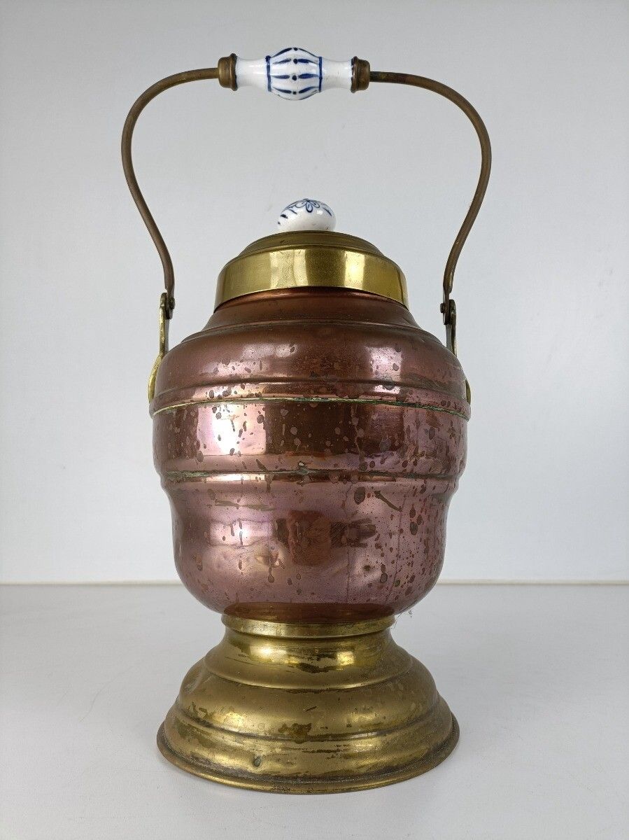 Antique Primitive  Brass Copper Jar Lidded Kettle Wonderful Delft Blue  Handle photo for sale