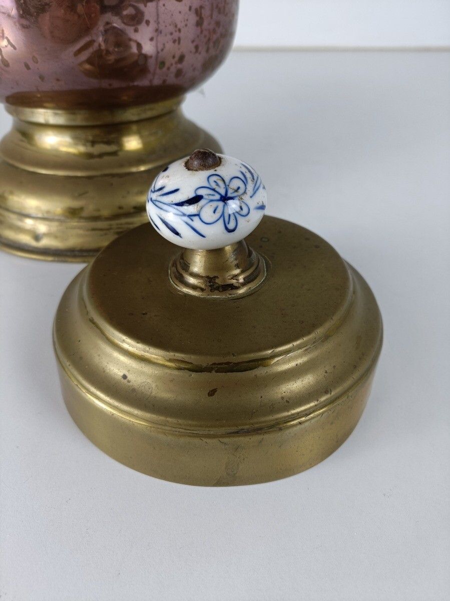 Antique Primitive  Brass Copper Jar Lidded Kettle Wonderful Delft Blue  Handle photo Home Decor