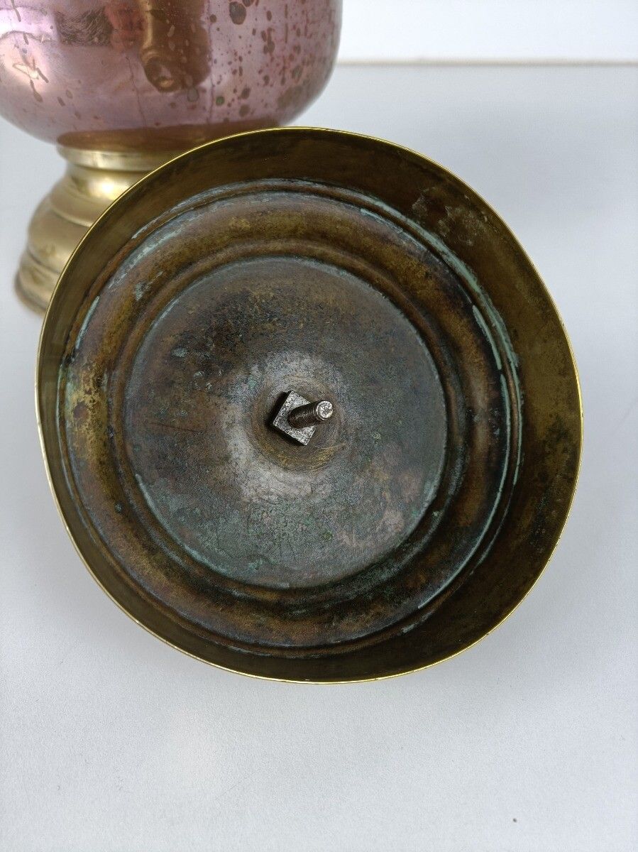 Antique Primitive  Brass Copper Jar Lidded Kettle Wonderful Delft Blue  Handle photo vinterior