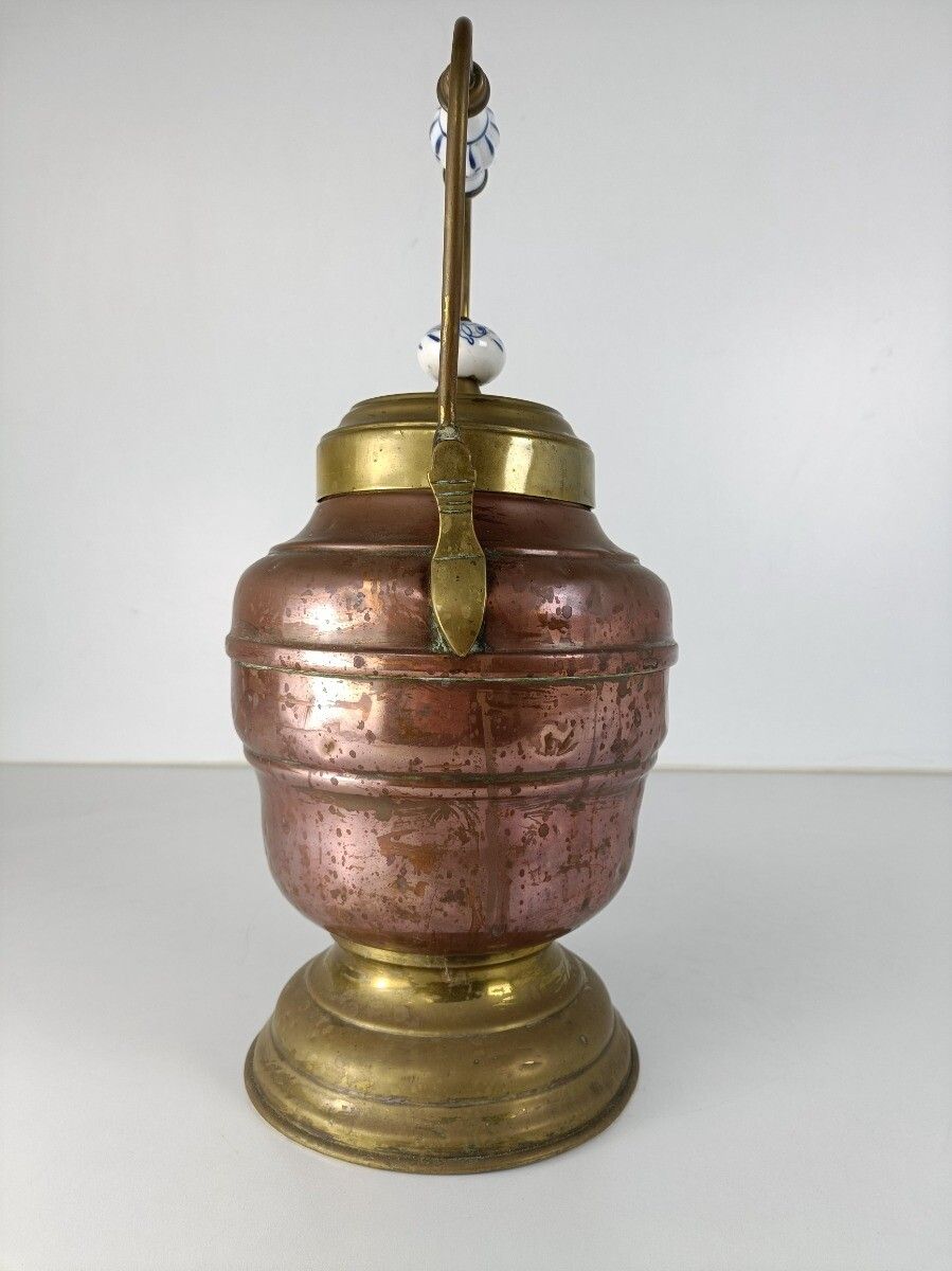 Antique Primitive  Brass Copper Jar Lidded Kettle Wonderful Delft Blue  Handle photo vintage