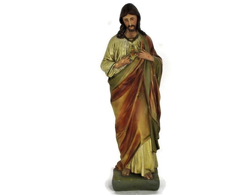 Antique Altar Statue Jesus Christ Savior Sacred Heart Neo Gothic 1900 Plaster Po