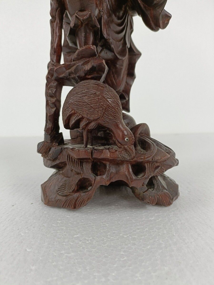 Chinese Rosewood Hand Carved Wooden Figurine Sculpture Traveler With Bird photo vintage