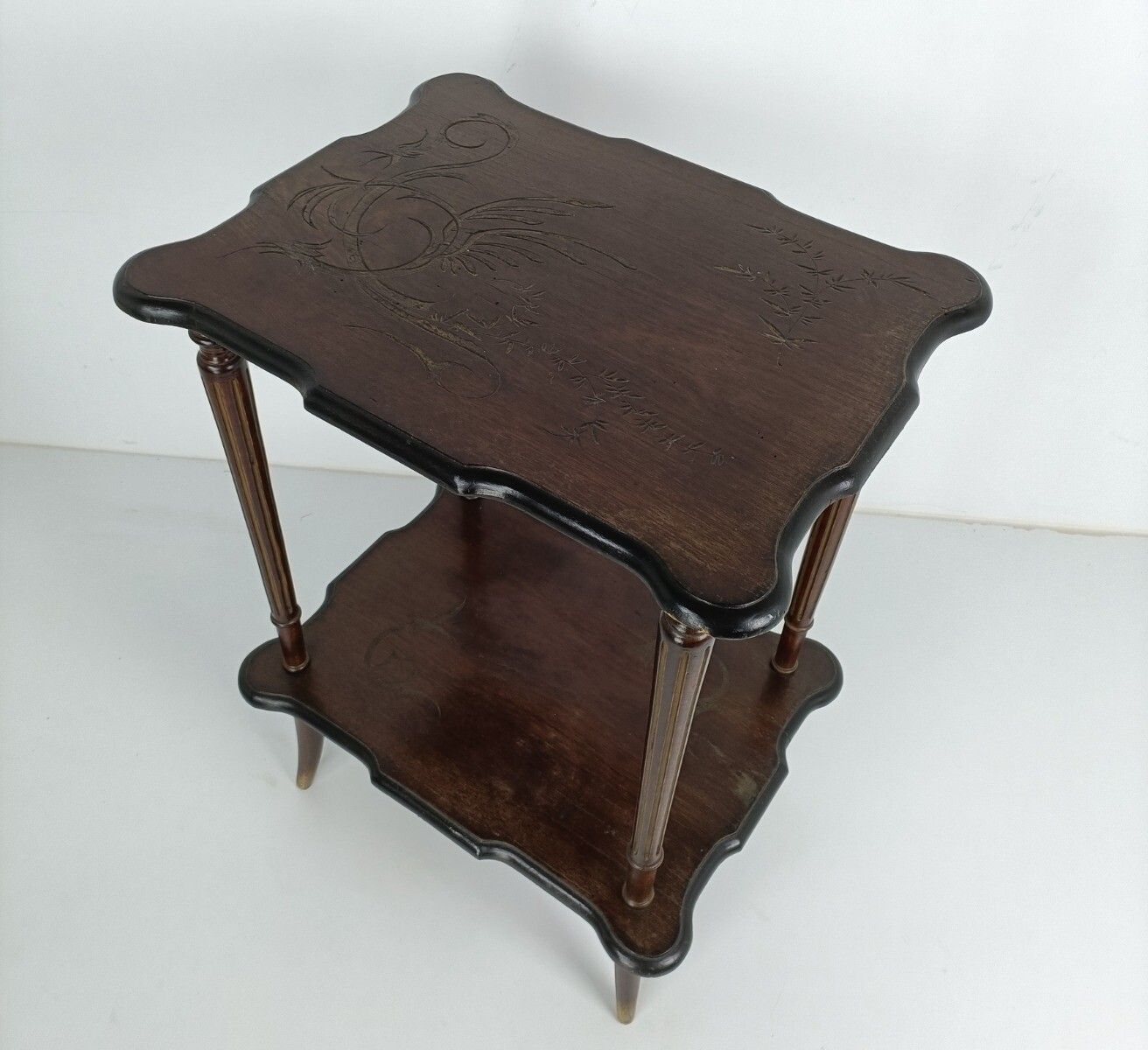 Two Tier Antique Side Occasional Table Carved Wooden Top Barn Farmhouse Style photo Furniture