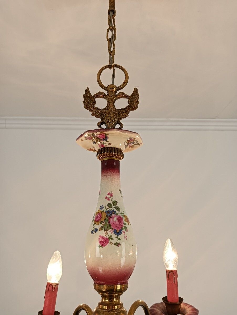 Lovely Italian Chandelier Brass With Porcelain Pink Flowers Pattern 6 Lights Vin photo furniture